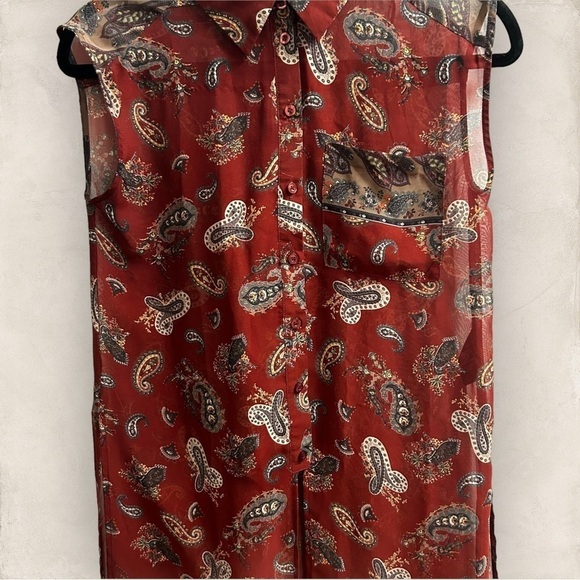 Oober Swank Duster Top Deep Red Sheer Paisley Layering Split - Size Small - Picture 4 of 11